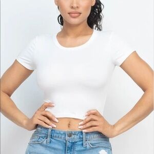 White Casual Basic Cap Sleeve Slim Fitted Round Neck Crop Tee Top